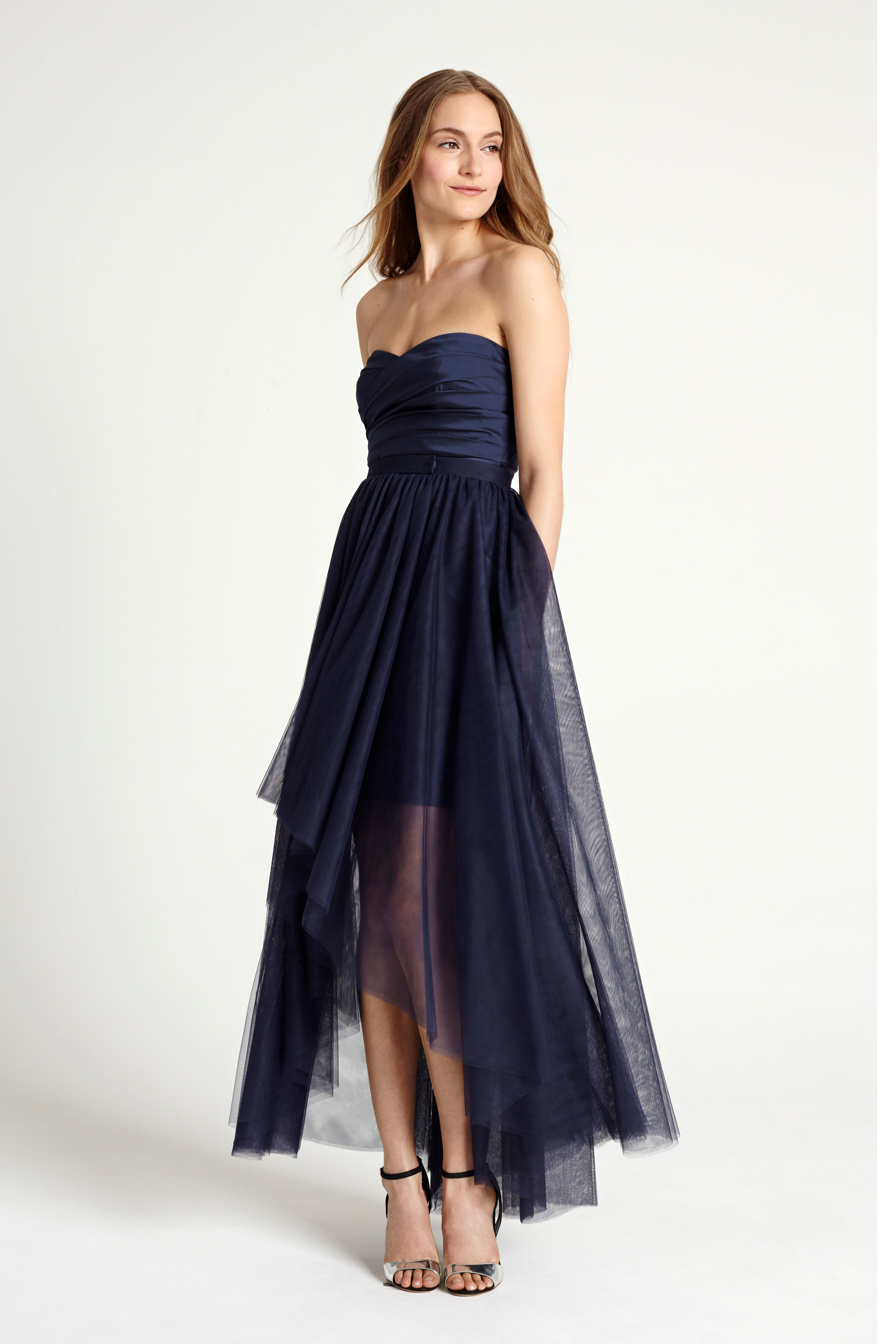 Blue note: A sassy deep blue strapless mini with overskirt by Monique Lhuillier
