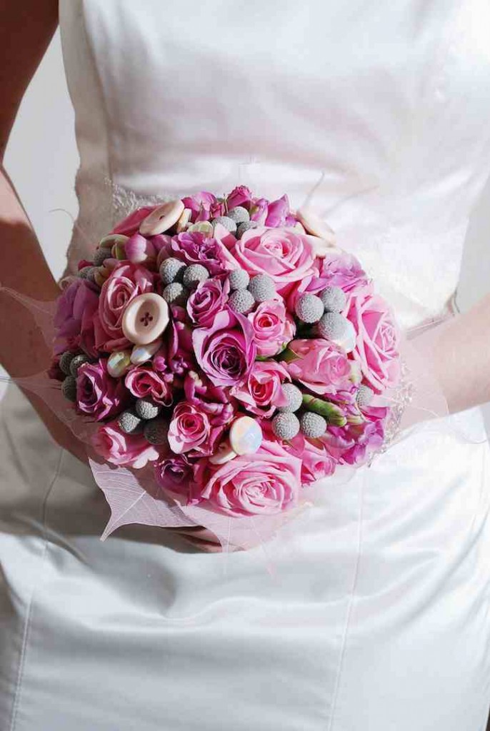 Pink Rose and Tulip Button Bridal Bouquet